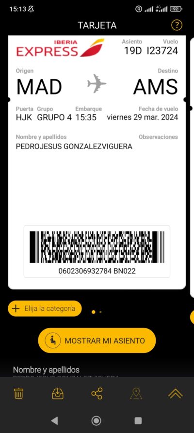 Boarding pass Iberia Express MAD-AMS 29 mar 2024
