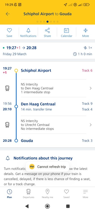 App NS — itinerario Schiphol → Gouda con transbordo en Den Haag Centraal