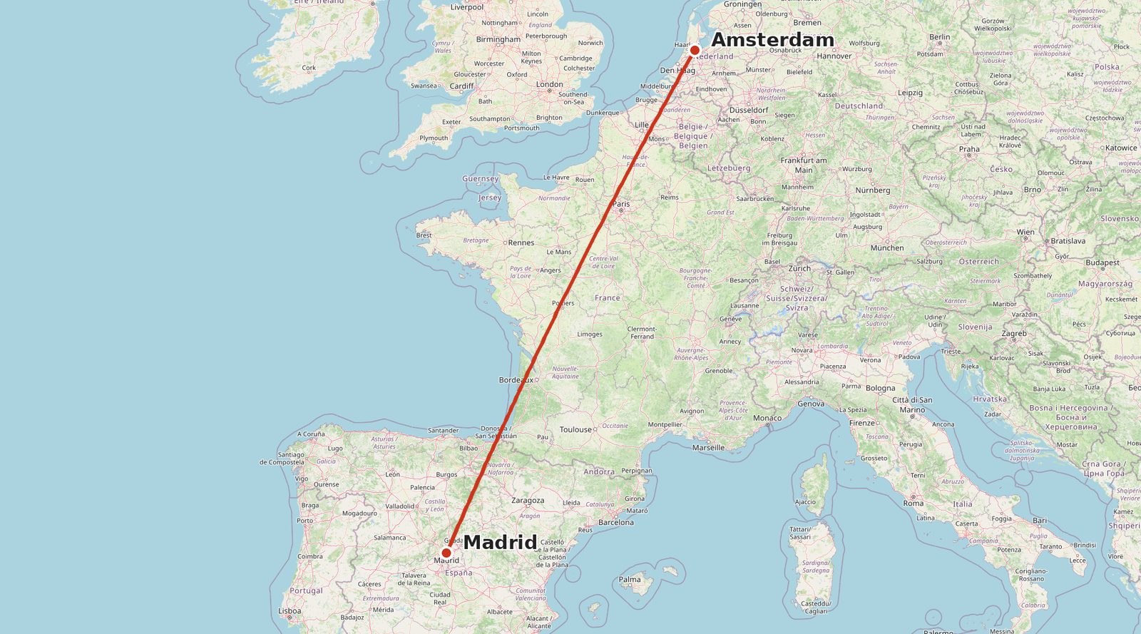 Mapa del vuelo Madrid - Ámsterdam el 29 de marzo de 2024