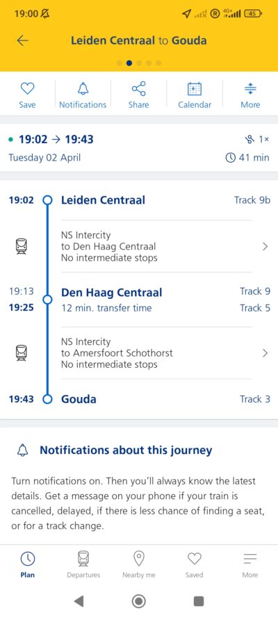 App NS — itinerario Leiden Centraal → Den Haag CS → Gouda (vuelta 2 abr 19:02)