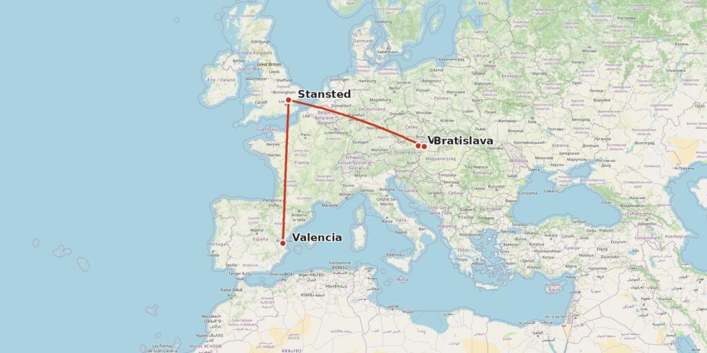 Viena → Bratislava → Stansted → Valencia